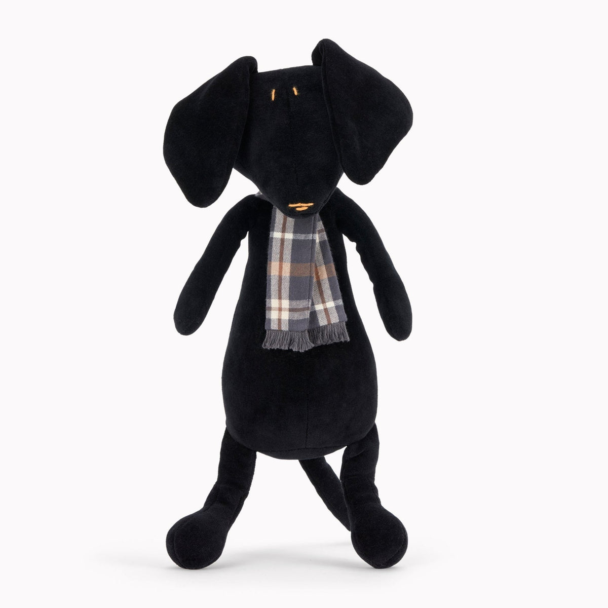 Scott the stuffed dachshund plush, black wearing scarf, detail view