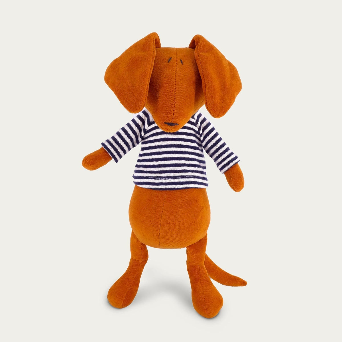 Scott the stuffed dachshund plush wearing sailor shirt, tobacco brown