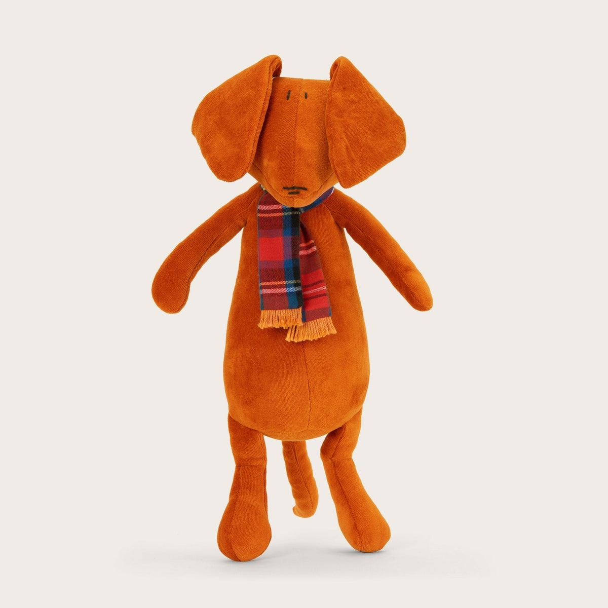 Stuffed dachshund plush Scott wearing red scarf, tobacco brown