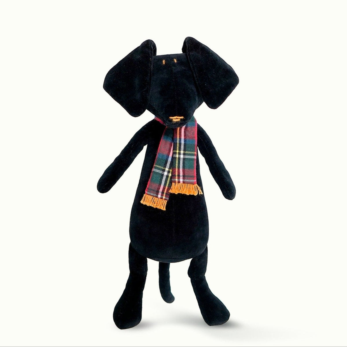Scott the stuffed dachshund plush wearing red scarf, black