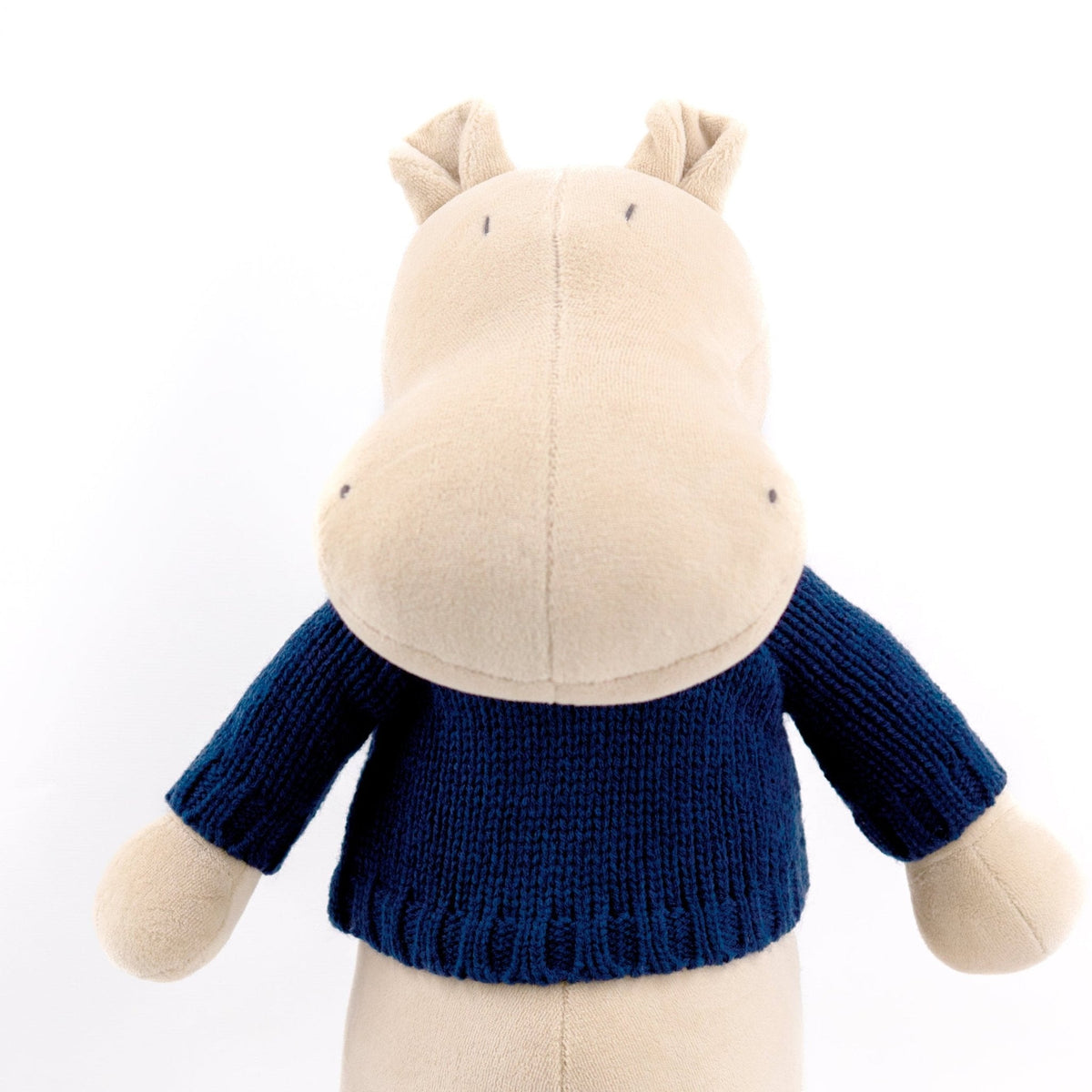 Momo the XL stuffed hippo plush, wearing blue pullover
